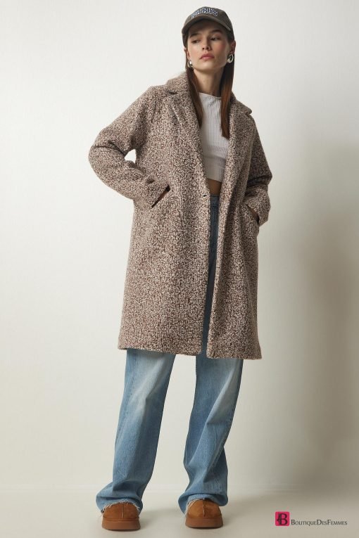 Light Brown Double-Breasted Boucle Coat - Boutique Des Femmes