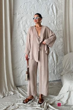 Mink Linen Beaded Kimono Set - Boutique Des Femmes