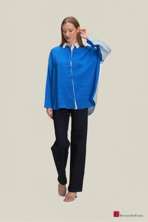 Blue Modal Design Shirt with Cuff Button Detail - Boutique Des Femmes