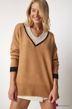 Biscuit Line V Neck Oversize Knitwear Sweater - Boutique Des Femmes