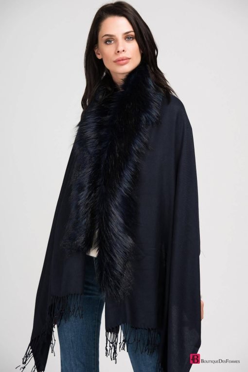 Navy Blue Simple Fur Poncho - Boutique Des Femmes