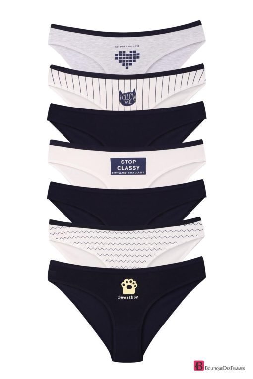 Navy Blue white Cotton Lycra Panties 7 Pack - Boutique Des Femmes