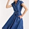 Navy Denim Belted Buttoned Dress - Boutique Des Femmes