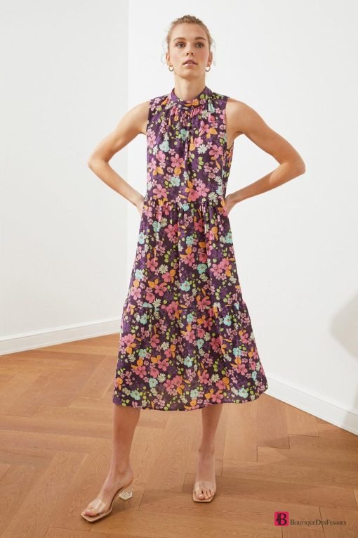 Plum Floral Patterned Straight Cut Midi Dress - Boutique Des Femmes