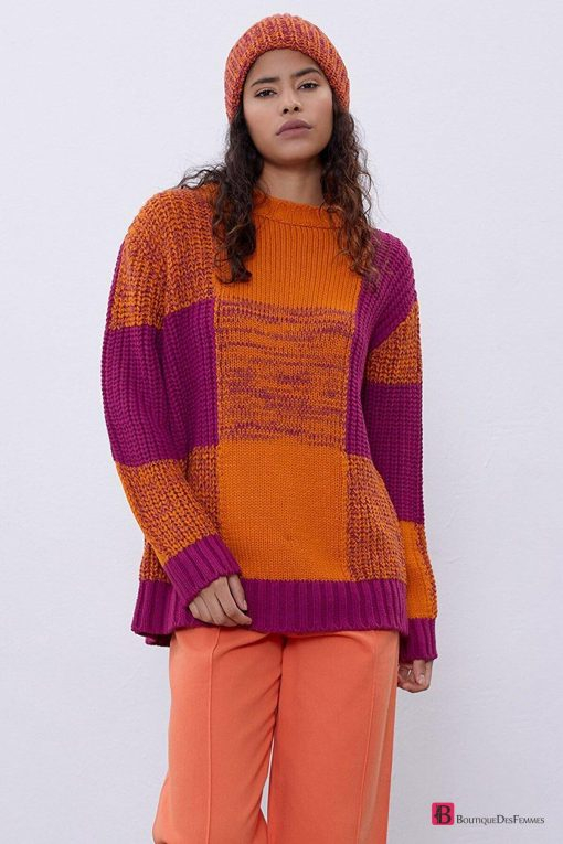 Purple Orange Crew Neck Knitted Sweater