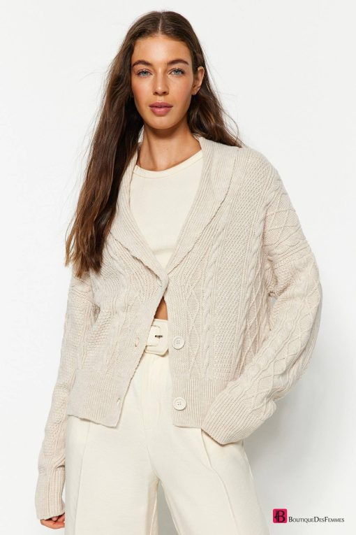 Stone Soft Textured Buttoned Knitwear Cardigan - Boutique Des Femmes