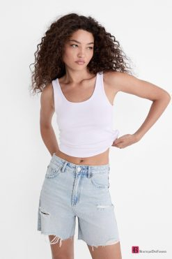 Stradivarius Light-Blue Long Denim Shorts - Boutique Des Femmes