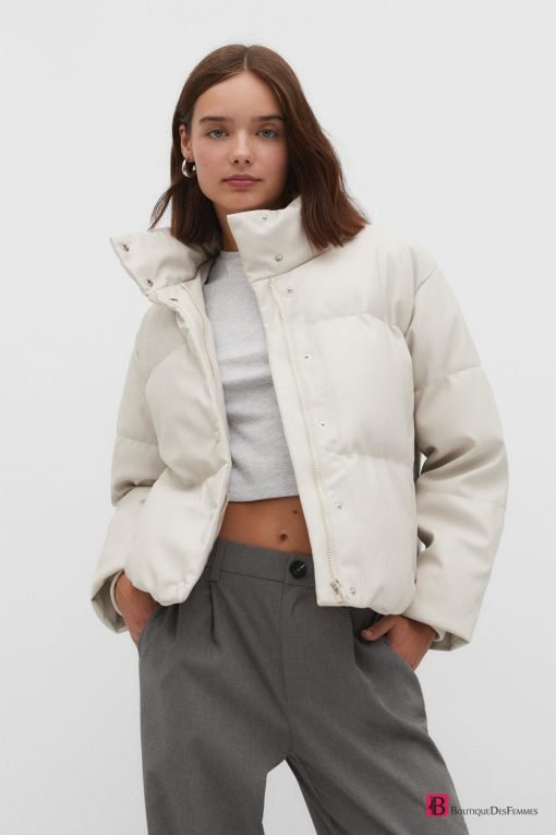 Stradivarius White Leather Inflatable Jacket - Boutique Des Femmes