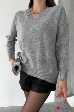 Grey V-Neck Oversize Basic Knitwear Sweater - Boutique Des Femmes