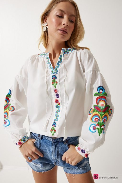 White Embroidered Sleeve Poplin Blouse - Boutique Des Femmes