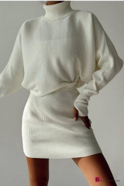 White Knitted Turtleneck 2 Pieces Dress - Boutique Des Femmes