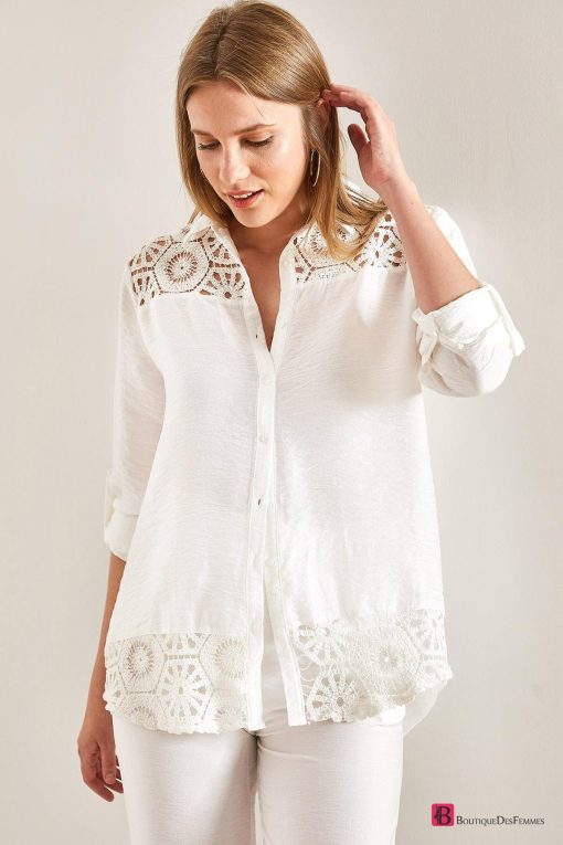 White Lace Patterned Sleeve Folded Shirt - Boutique Des Femmes