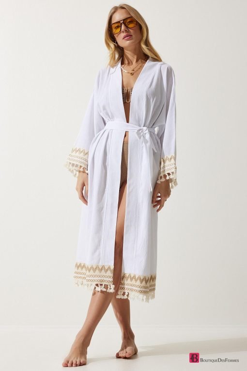 White Linen Long kimono - Boutique Des Femmes