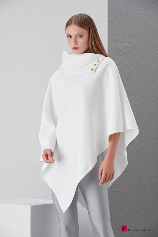 White Styled Collar Button Poncho - Boutique Des Femmes