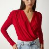 Red Wrap Collar Snap Fastener Knitted Blouse - Boutique Des Femmes