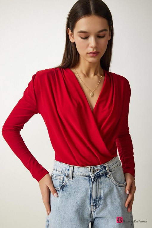 Red Wrap Collar Snap Fastener Knitted Blouse - Boutique Des Femmes