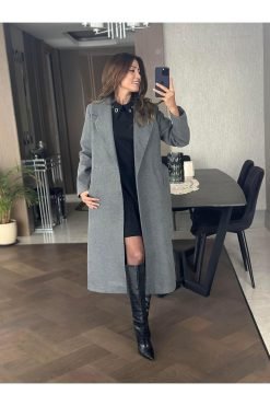 Anthracite Belted Cut Collar Coat