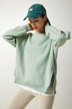 Aqua Green Zipper Knitted Sweatshirt