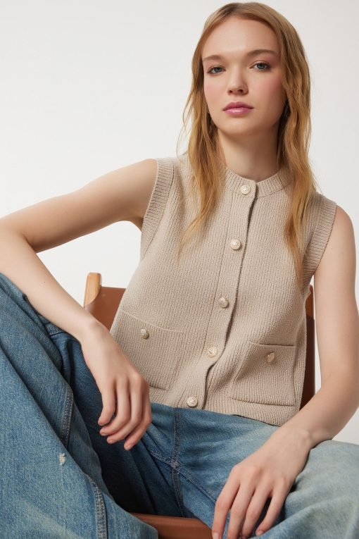 Beige Buttoned Pocket Vest