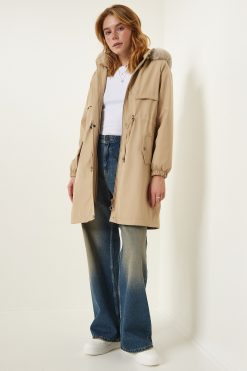 Beige Hooded Fur Coat