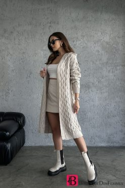 Beige Patterned Long Knitwear Cardigan - Boutique Des Femmes