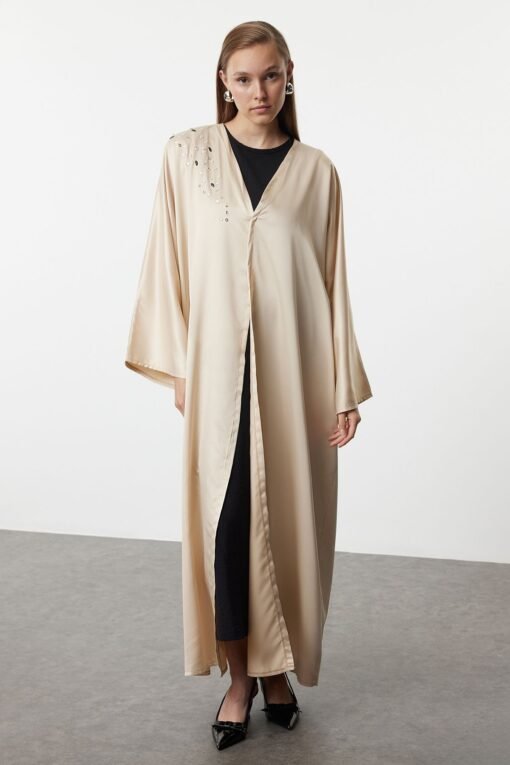 Beige Satin Woven Stone Abaya