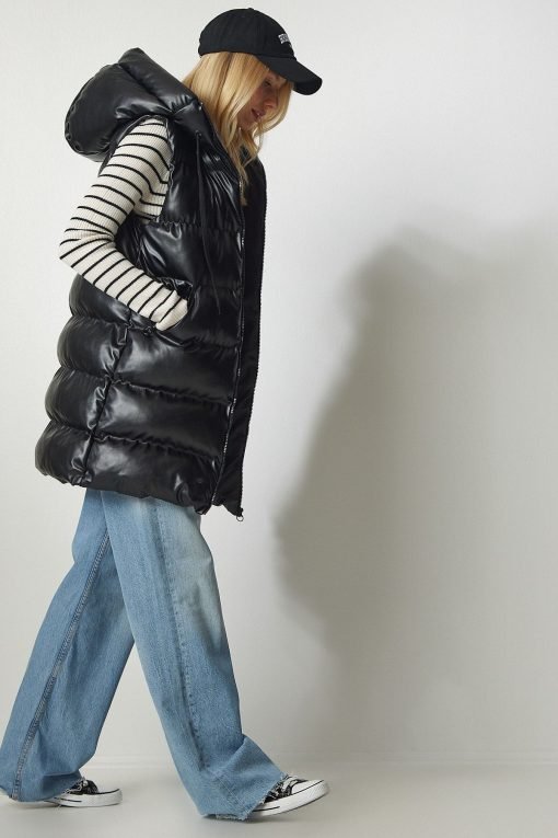 Black Hooded Long Puffer Vest