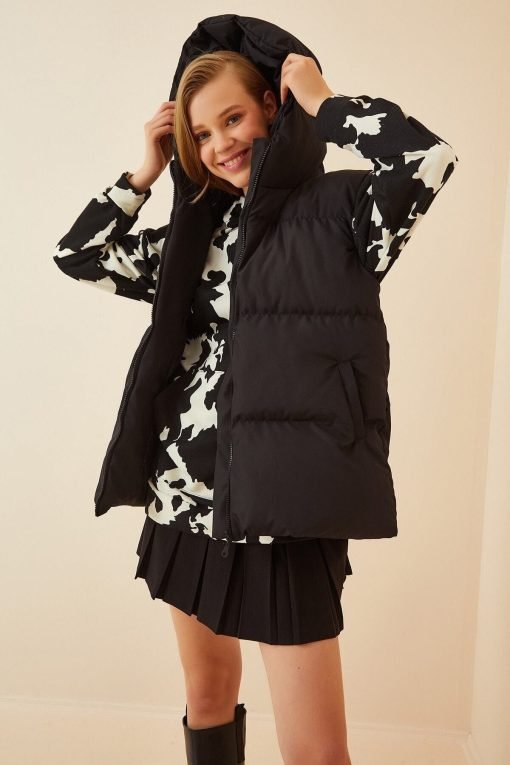 Black Hooded Oversize Puffer Vest