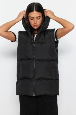 Black Oversize Hooded Puffer Vest