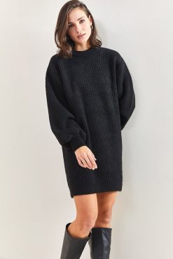 Black Patterned Ribbed Tunic sweater