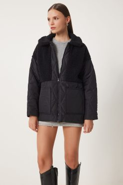 Black Plush Quilted Coat