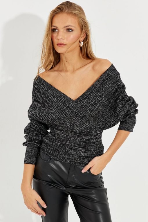 Black-Silver Breasted Glitter Sweater