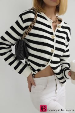 Black Striped with gold button Knitwear Cardigan - Boutique Des Femmes