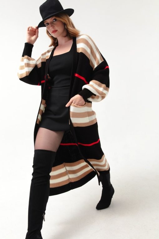 Black Tan Balloon Sleeve Long Cardigan