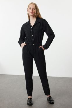 Black Waist Detailed Denim Jumpsuit