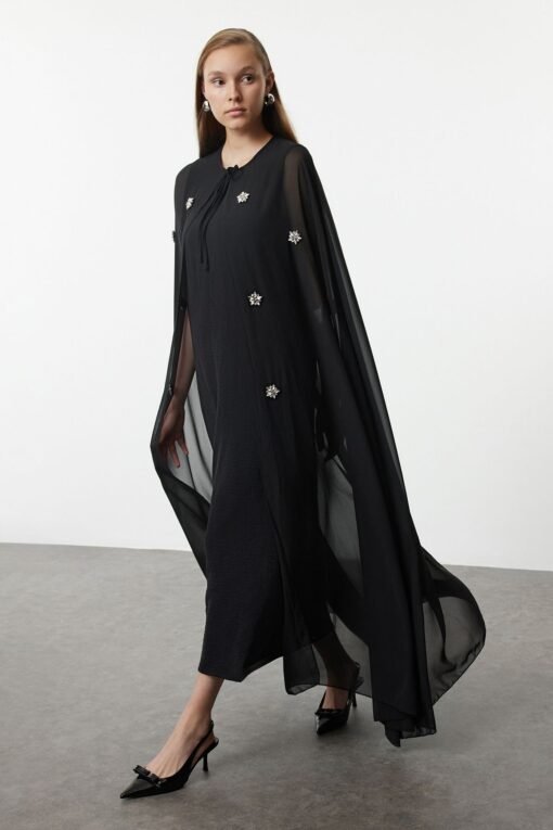 Black Woven Stone Embroidered Cape