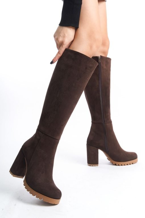 Brown Suede Patent Faux Leather Boots