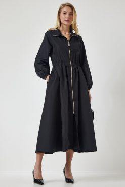 Black Zippered Dress Trench Coat