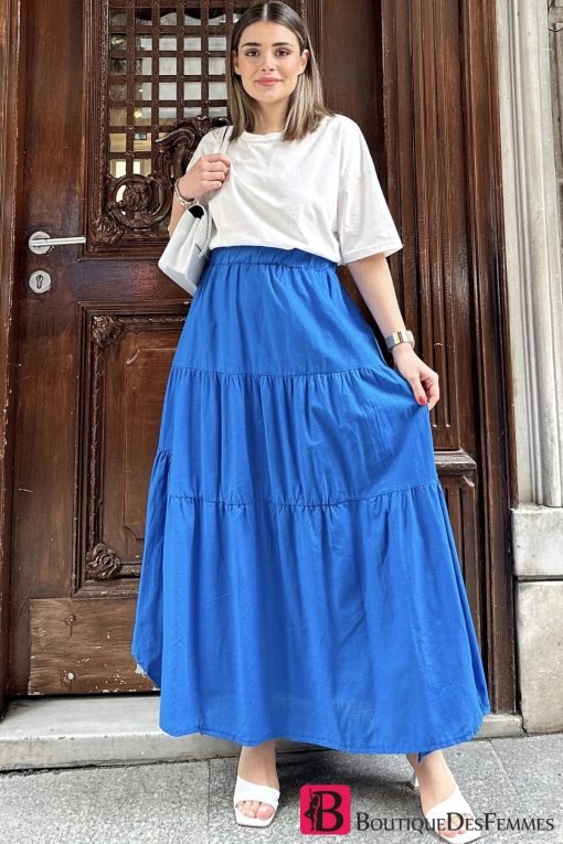 Blue Elastic waist Ruffle Layer Fabric Long Cotton Skirt - Boutique Des Femmes