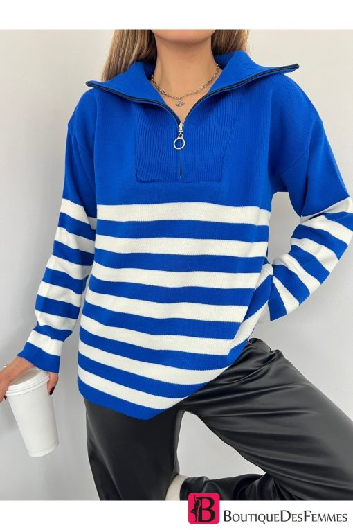 Blue Striped Zippered Oversize Sweater - Boutique Des Femmes