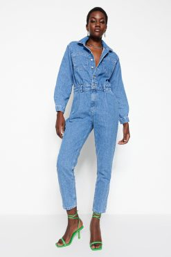 Blue Waist Detailed Denim Jumpsuit