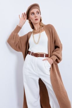 Brown Balloon Sleeve Long Cardigan