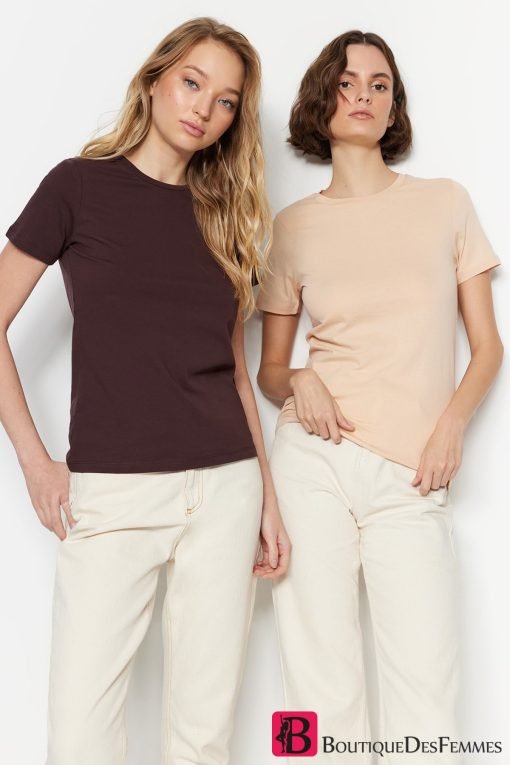 Brown-Beige 100% Cotton 2-Pack T-Shirt - Boutique Des Femmes