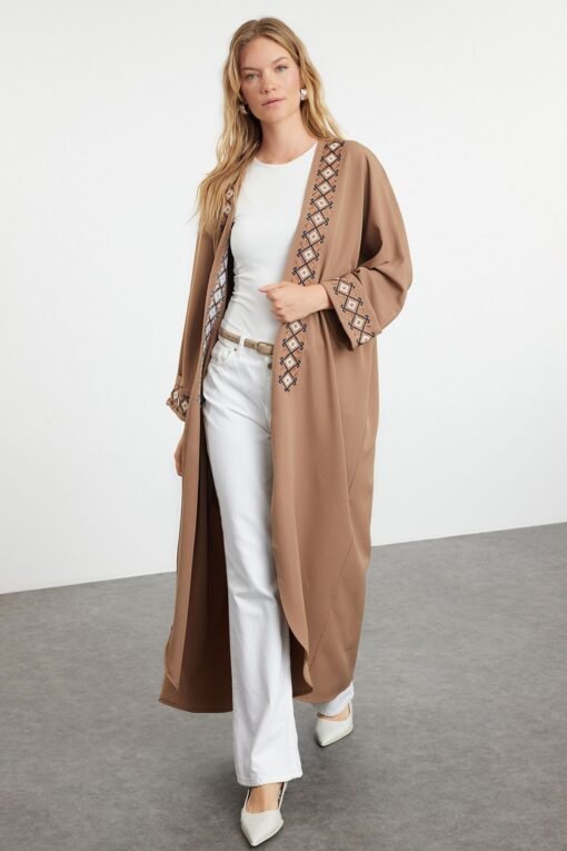 Brown Embroidered Woven Abaya