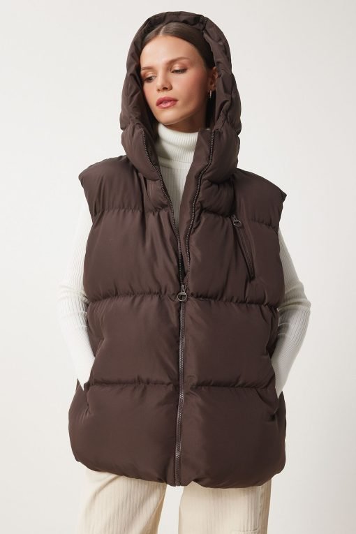 Brown Hooded Oversize Long Puffer Vest