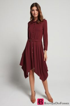 Burgundy Long Sleeve Belted Dress - Boutique Des Femmes