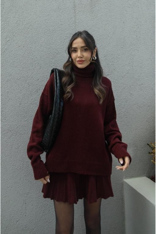 Burgundy Pleated Skirt Sweater Set