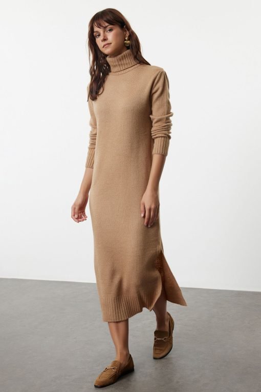 Camel Midi Knitwear Wide Dress