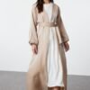 Camel Shiny Pearl Detailed Woven Abaya