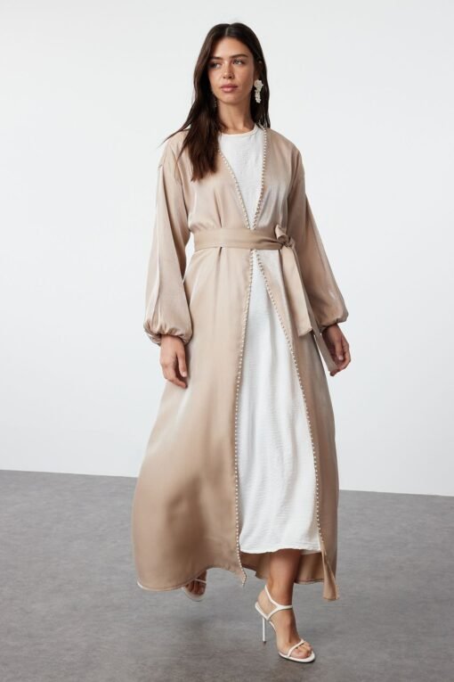 Camel Shiny Pearl Detailed Woven Abaya